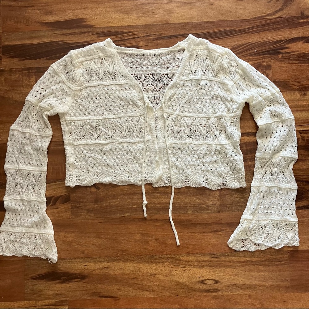 Crochet Cropped Cardigan with Bell Sleeves Tie Front  Juniors Top 90s Y2K BOHO
